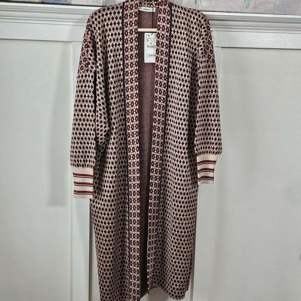 Zara Knit NWT Geometric Metallic Long Cardigan Duster Boho Size S